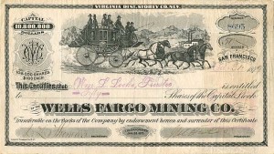 Wells Fargo Mining Co. - 1879 dated Mining Stock Certificate - Virginia District, Storey County, Nevada